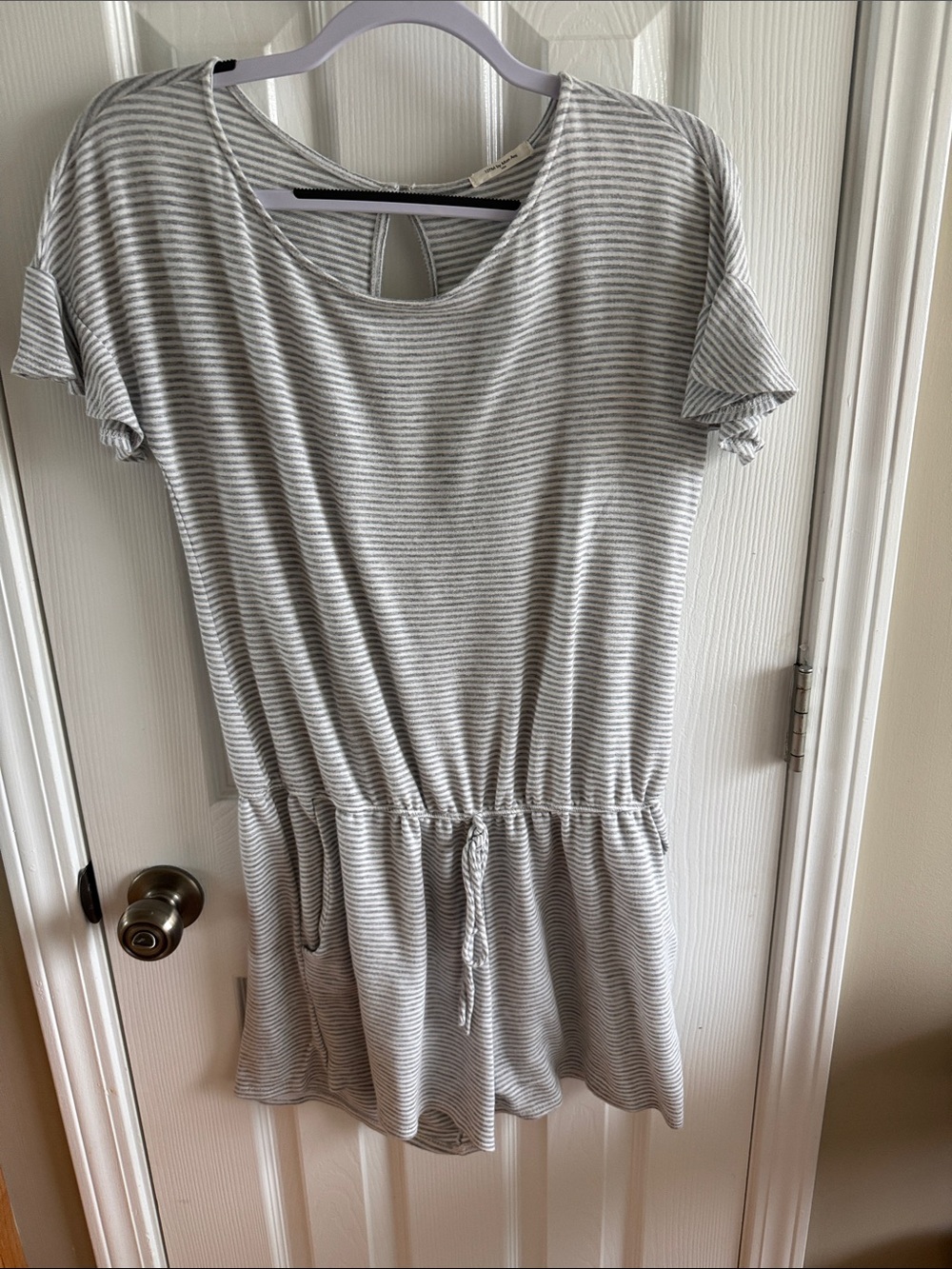 Casual Stripe Drawstring Waist Women's Dress - Gray/White